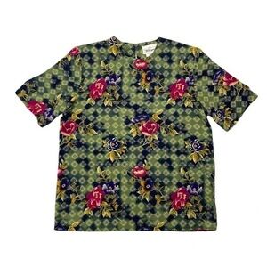 VTG Worthington Women's Floral Retro Top Sz Medium Short Sleeve Green Design